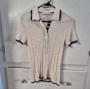 Trina Turk Gauze Ribbed Knit Ivory Half Buttoned Polo Top Size Small